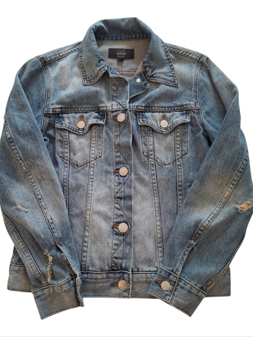 J. Crew Indigo Women's Distressed/Ripped Denim Light Wash Jean Jacket Size: S